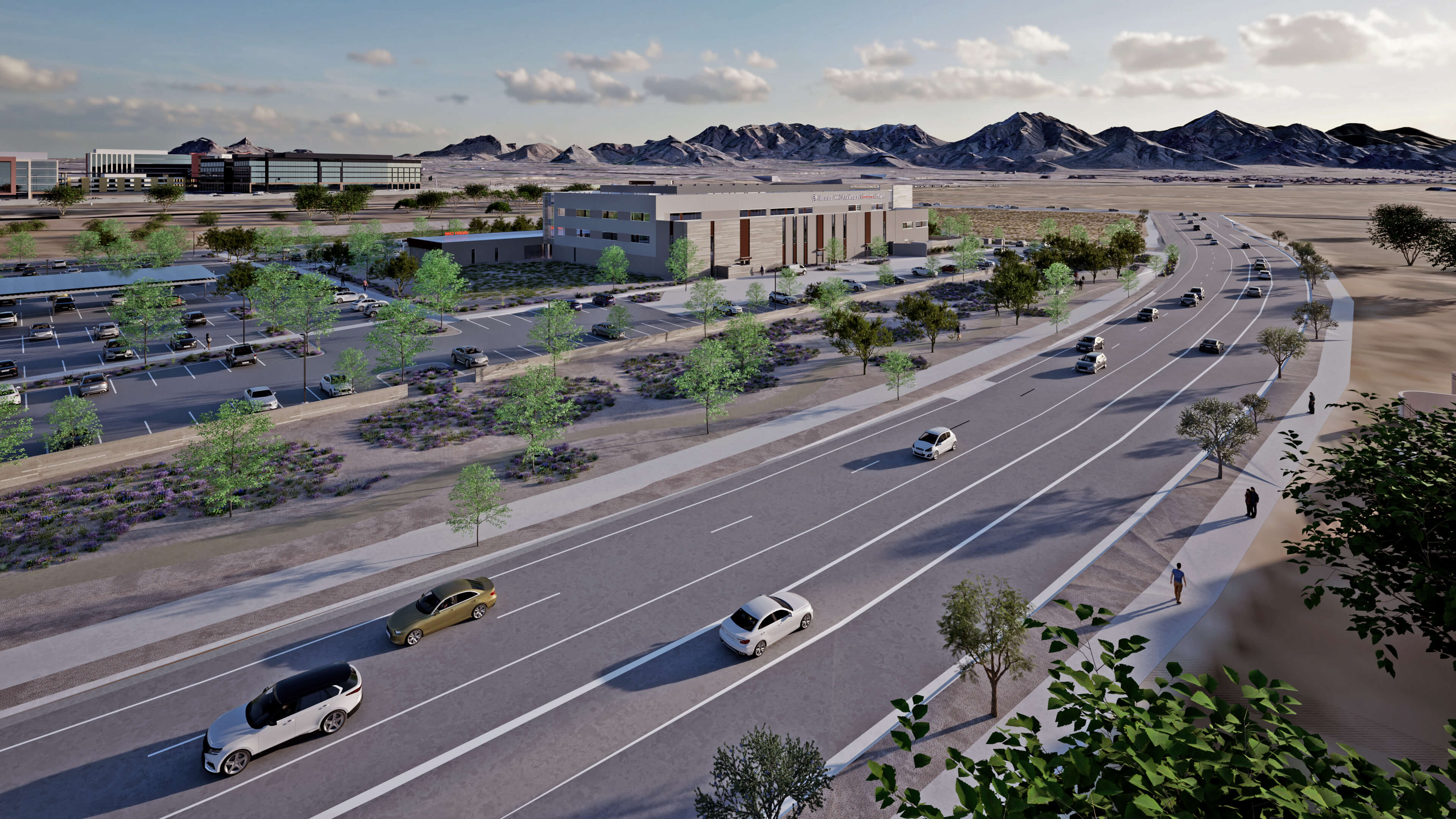 Artistic rendering of the project's southwest aerial view.